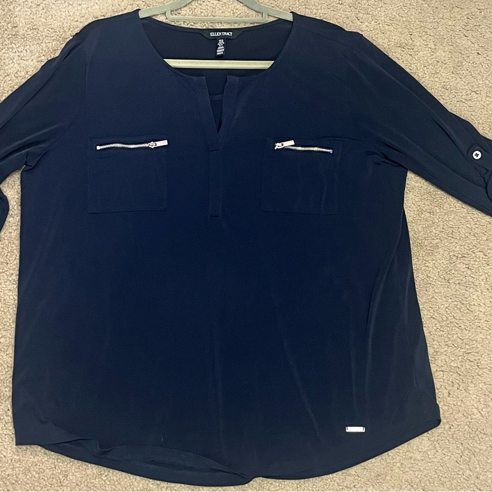 Ellen Tracy Midnight Blue Blouse with Zipper Accents